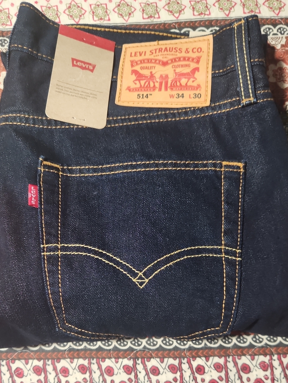 Men's Levi's 514 Regular Fit Zip Fly Straight Leg Denim Jeans 34X30  Dark Blue.